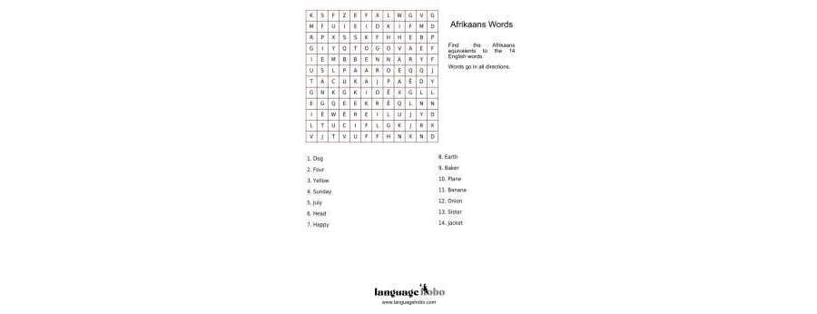 Afrikaans Word Search Puzzle [FREE PDF DOWNLOAD]