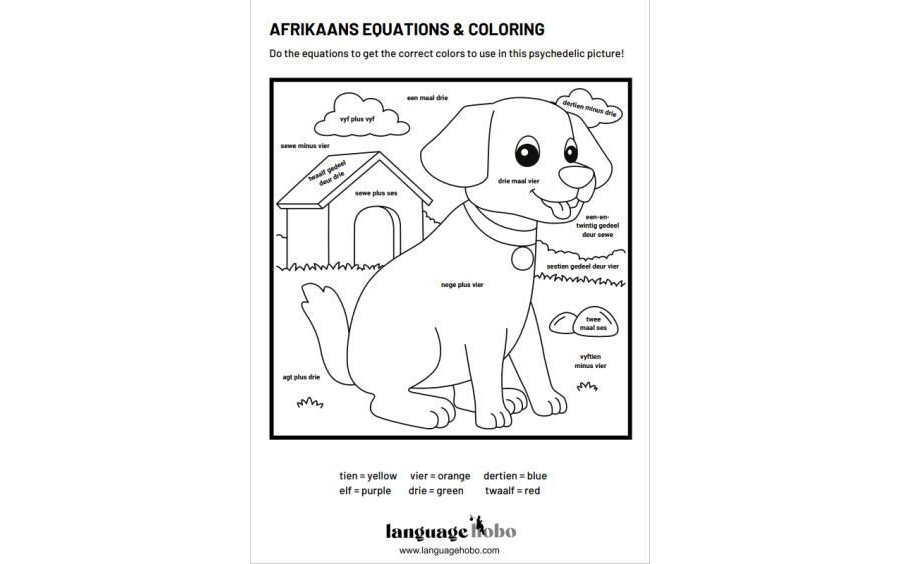 Afrikaans Equations and Coloring Worksheet for Beginners [FREE DOWNLOAD]