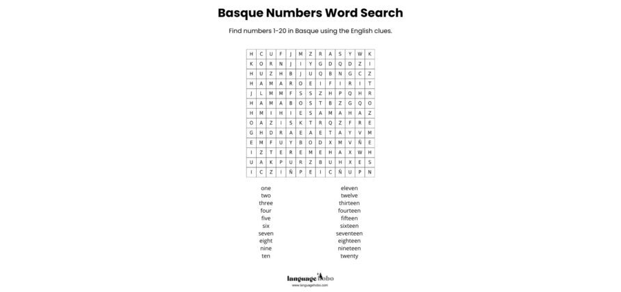 Basque Numbers Word Search: FREE PDF DOWNLOAD