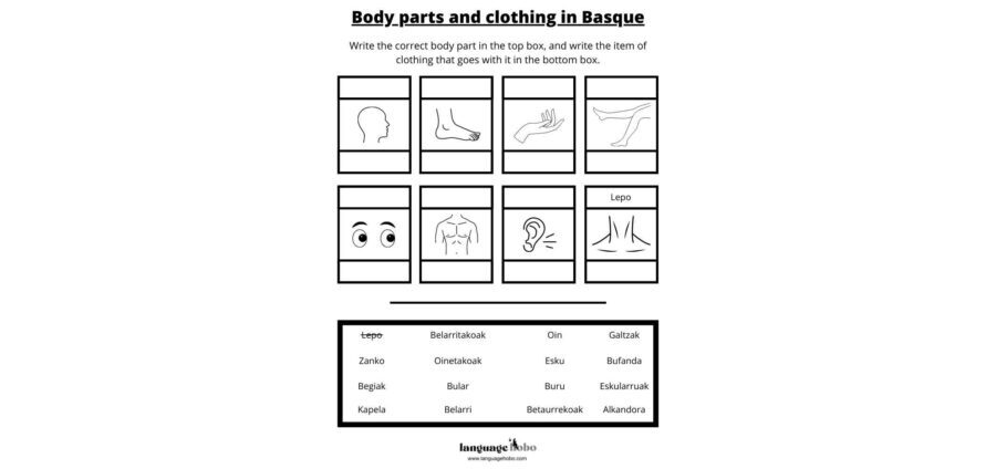 Worksheet: Body parts and clothing in Basque [FREE PDF download]